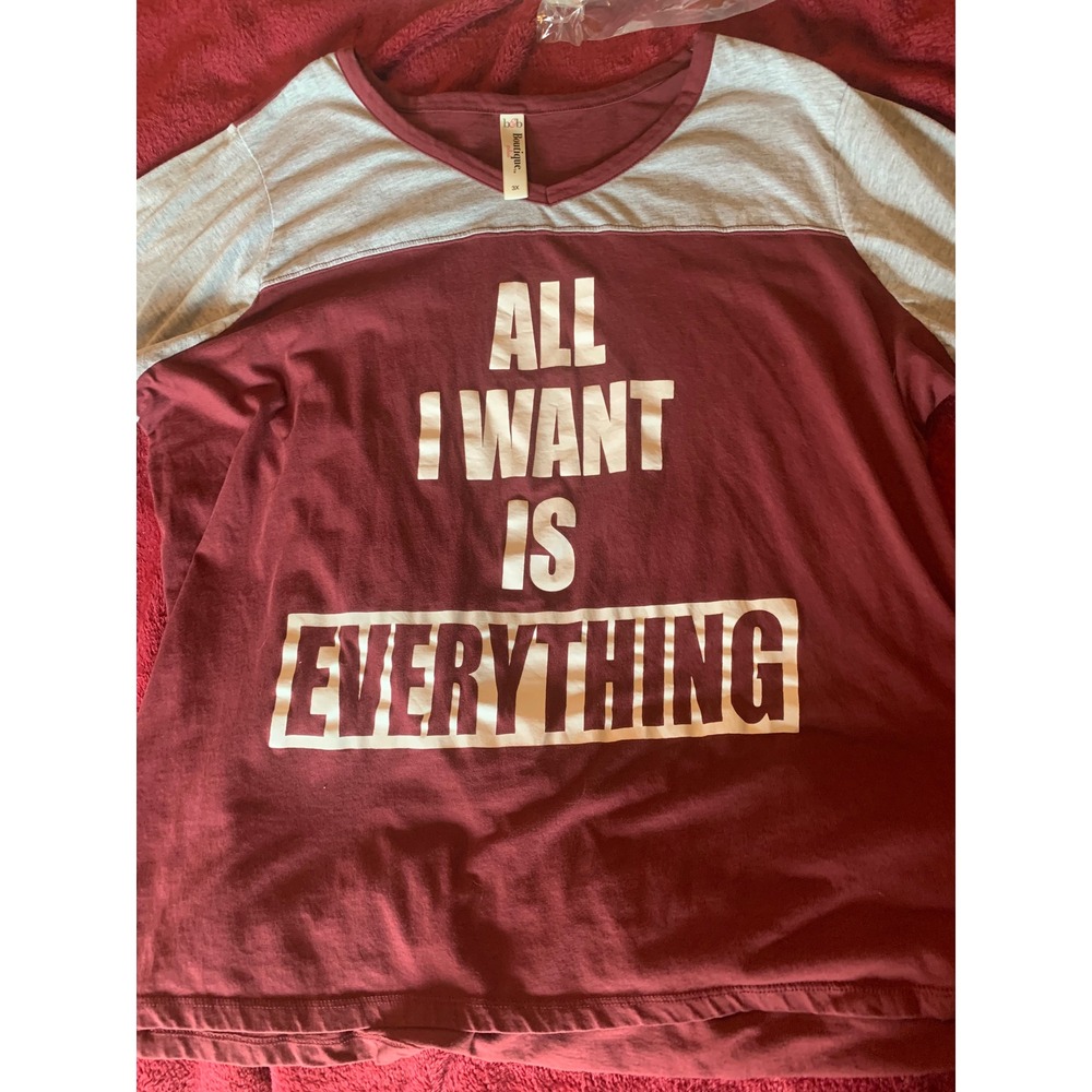 Boutique Plus Womens 3X Graphic Tee Maroon Gray All I Want Is Everything V-Neck